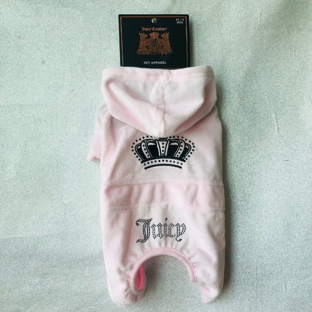 Juicy Couture terry dog tracksuit velour Black rhinestone Jumpsuit  w/ Hood